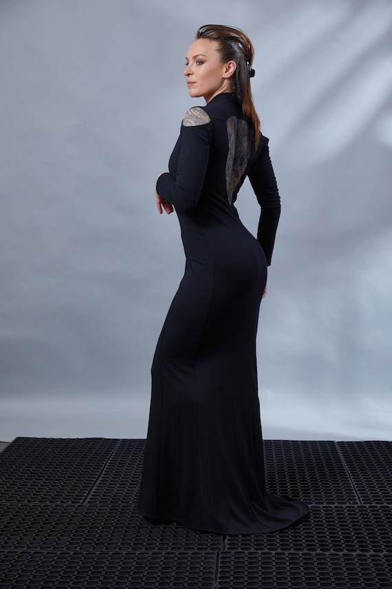 Black goth dress with mesh back, avantgarde, formal event dress - AF women Black goth dress with mesh back, avantgarde, formal event dress - AF women