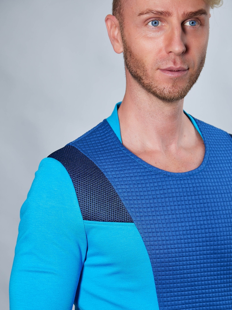 Cyberpunk sweater thumbhole sleeves futuristic clothing blue pullover CC1-7 men image 4