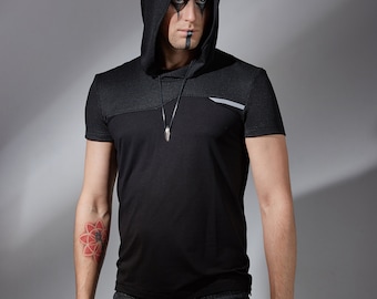Cyberpunk men's black shirt with hood - MTS-9