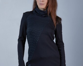 Black asymmetrical sweater with high neck - AB women techwear fashion