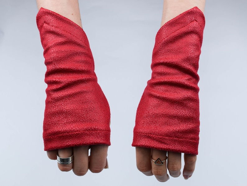 Red faux leather fingerless arm warmers, ren faire and LARP gloves by ZOLNAR