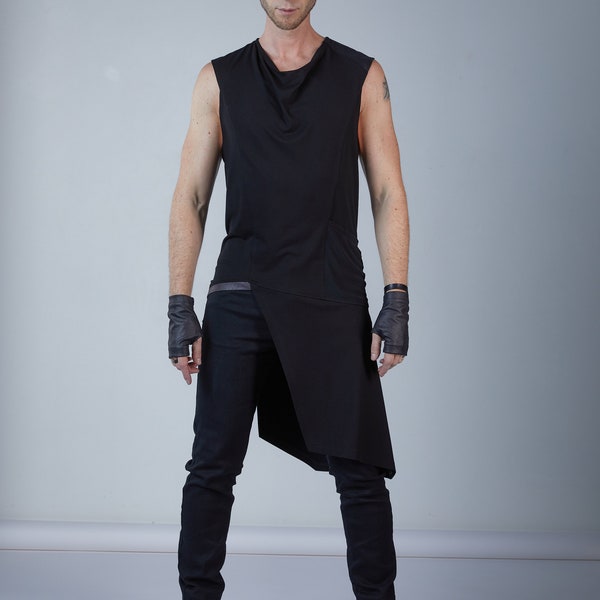 Asymmetric sleeveless shirt in black, cyberpunk clothing - ERL men