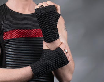 Men's cyberpunk fingerless gloves, black arm warmers - WRP Q10