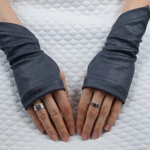 Grey faux leather fingerless gloves on both hands, unisex arm warmers