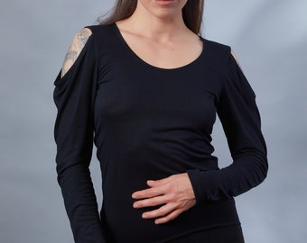 Black open shoulder shirt with crew neck, long sleeves - SL