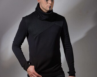Cyberpunk sweater avant garde clothing futuristic for men Thumbhole sweater asymmetrical clothing sci-fi turtleneck sweater black GR3