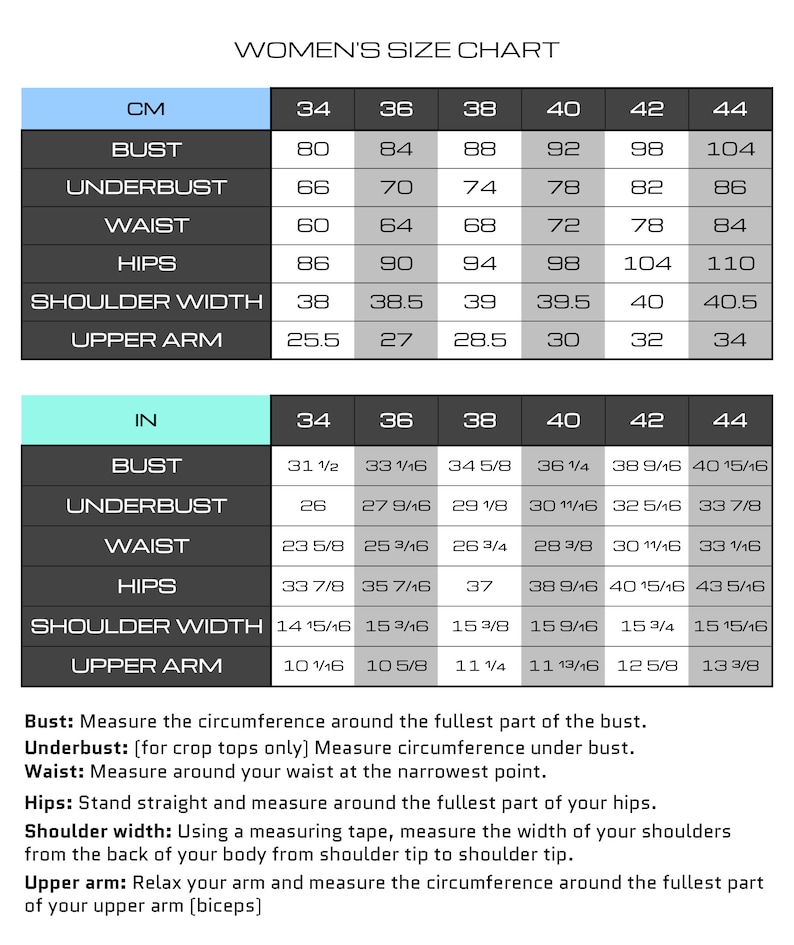 May include: A size chart for women's clothing with measurements in inches and centimeters. The chart includes bust, underbust, waist, hips, shoulder width, and upper arm measurements.