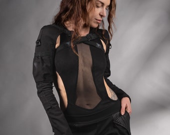 Black deep v-neck bodysuit, futuristic festival clothing women's alternative clothing- SW