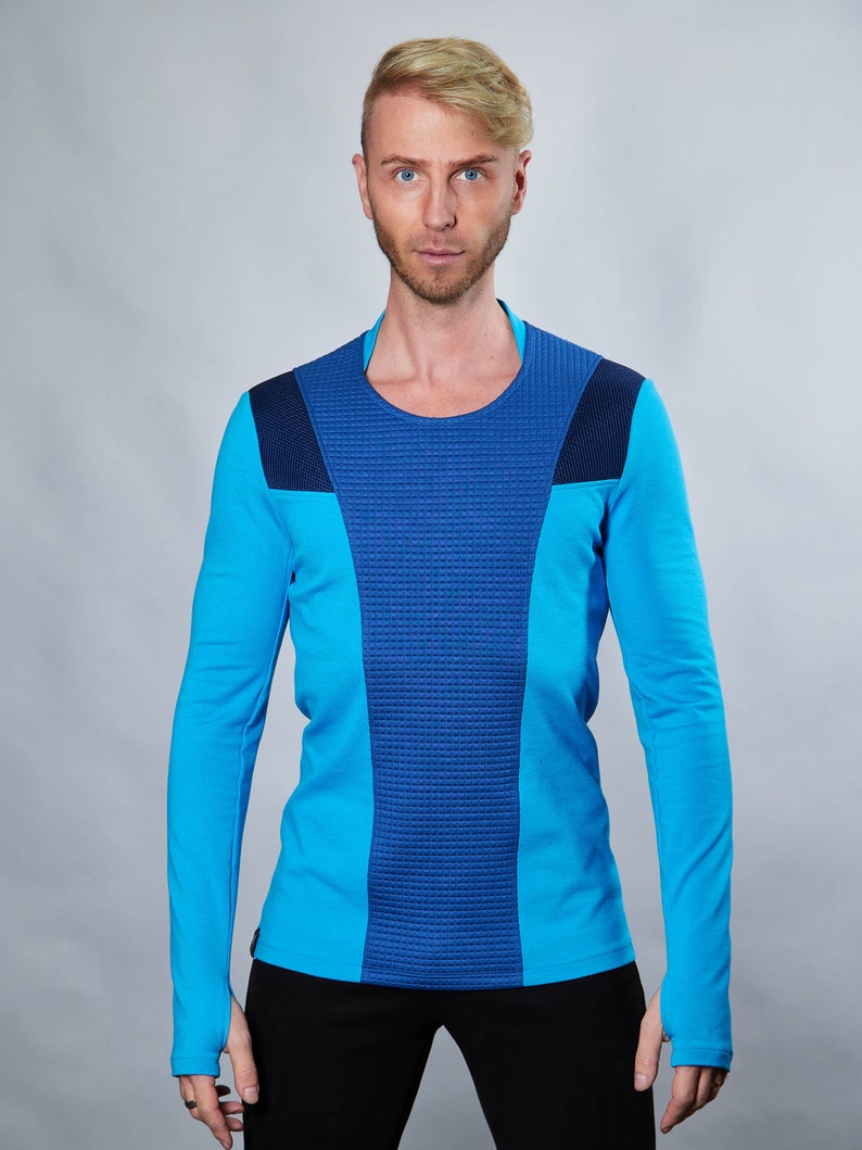 Cyberpunk sweater thumbhole sleeves futuristic clothing blue pullover CC1-7 men image 2