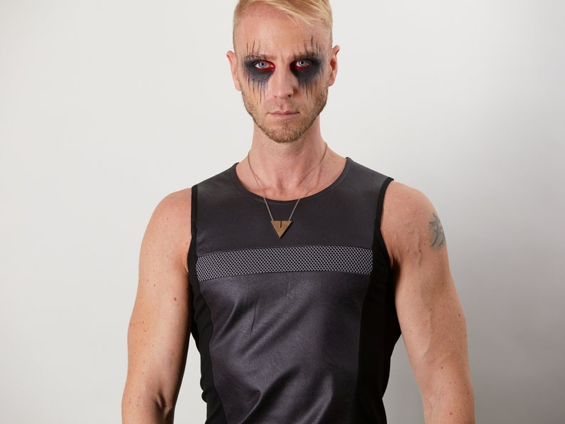 Black sleeveless shirt with gray insert RA2-8 Man faux leather shirt