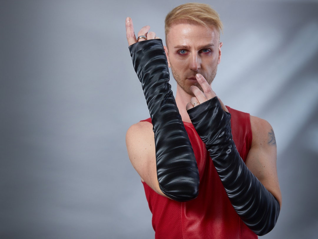 Black PU Gloves, Arm Warmers Men Sleeves Fingerless - Fg40