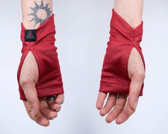 Red fingerless gloves, medieval, faux leather - 4-WRW