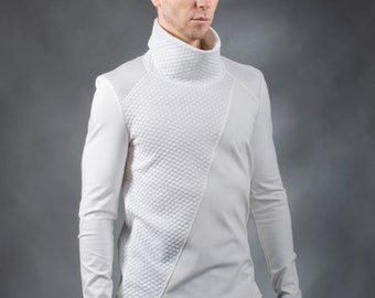 White futuristic sweater with high collar, pullover cyberpunk clothing - AB-00 Q10 men