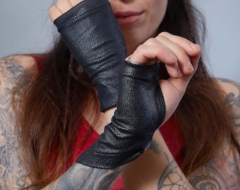 Pleather fingerless gloves, arm warmers sleeves festival accessories - 4-WRW