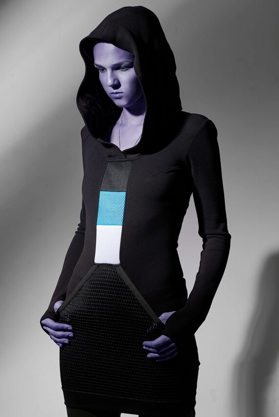 Cyberpunk hooded dress, long sweater, cyberpunk clothing futuristic thumbhole sleeves SQ3 woman dress Cyberpunk hooded dress, long sweater, cyberpunk clothing futuristic thumbhole sleeves SQ3 woman dress