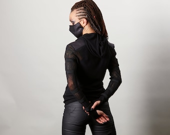 Black see-through hoodie, techwear clothing - SVE women