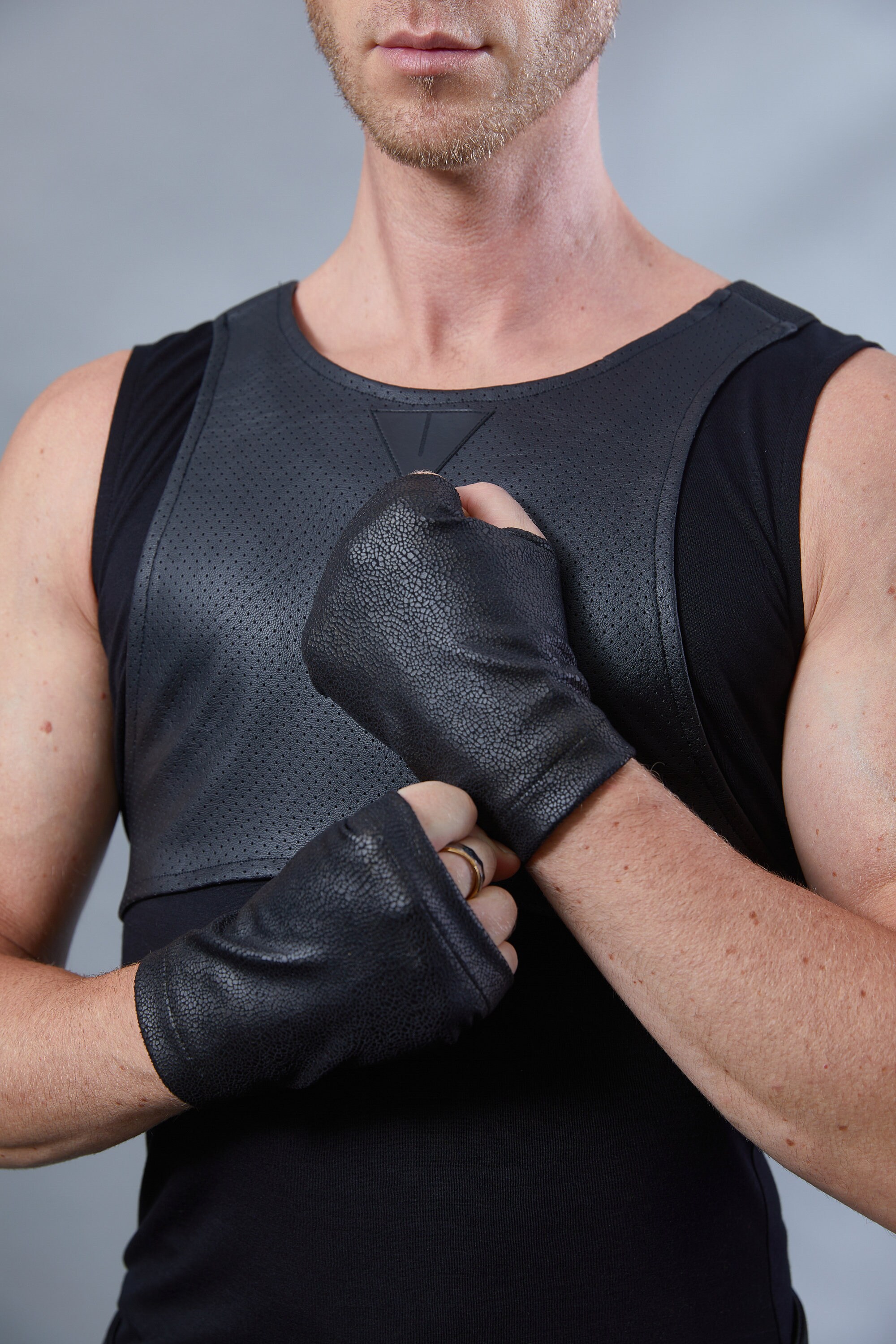 WRP Red leather gloves fingerless arm warmers