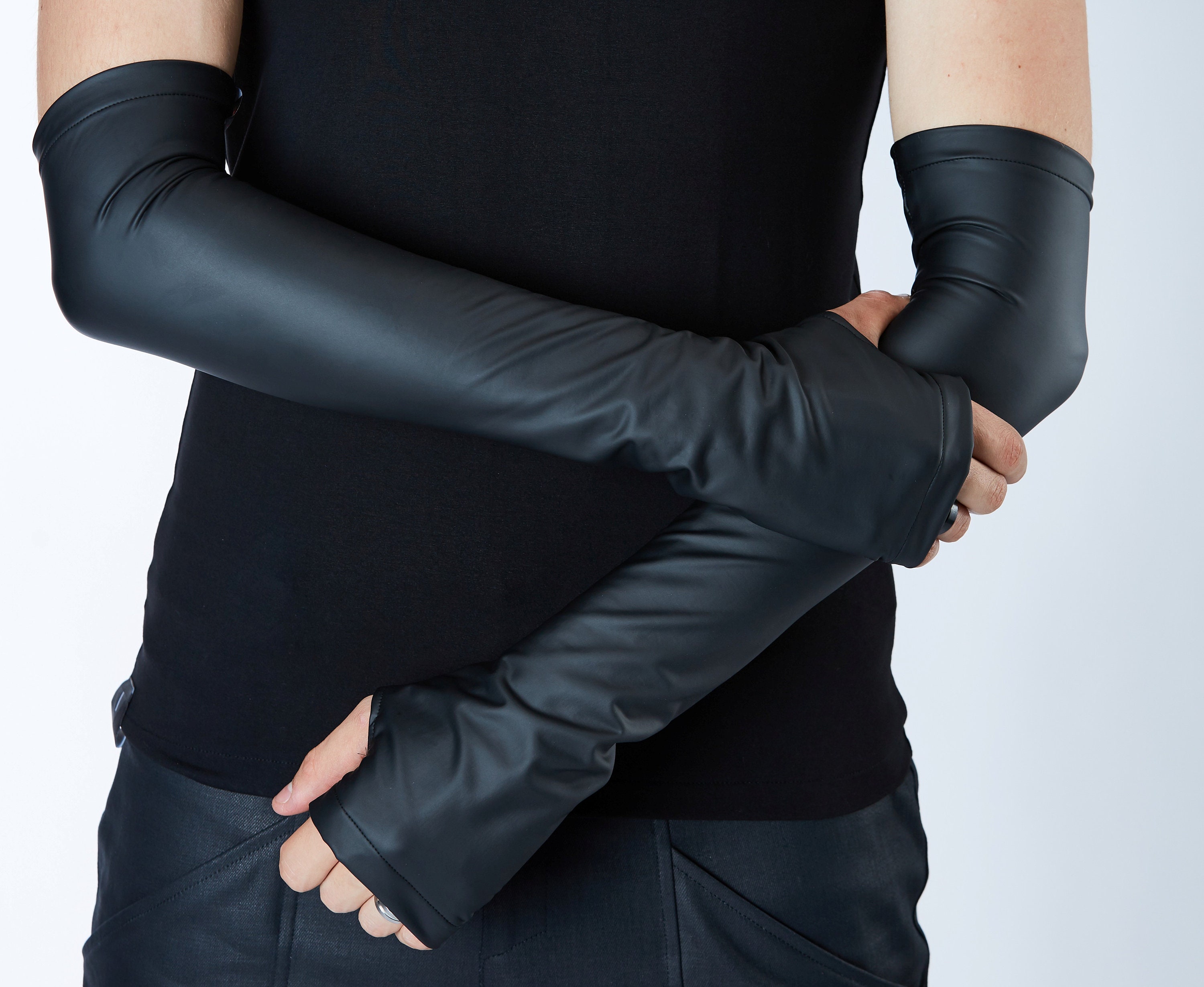 Long fingerless gloves black arm warmers men sleeves Etsy