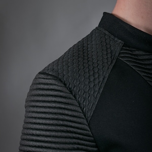 Black SP sweater ribbed shoulder and quilted texture, close-up