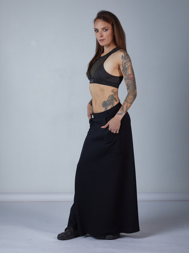 Black maxi skirt with pockets, Full length long skirt SK-P women image 1