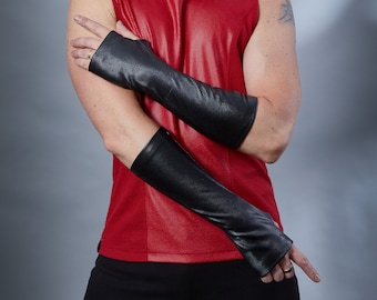 PU Fingerless Gloves – Black Cyberpunk Arm Warmers, Techwear Alternative Festival Gloves | ARPU water-resistant