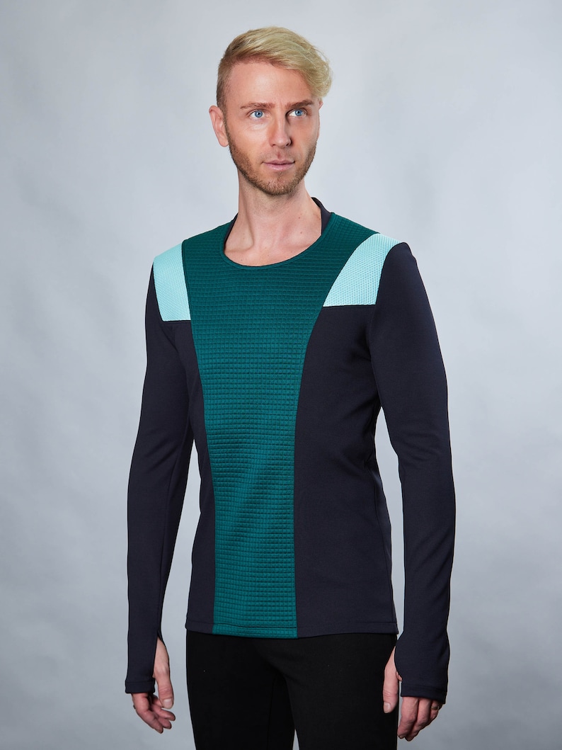 Green cyberpunk sweater thumbhole sleeves cyberpunk clothing emerald green pullover CC1-5 men image 2