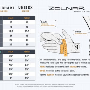 May include: A ZOLNAR unisex short glove size chart featuring a grid layout with measurements in centimetres and inches. It includes a diagram showing how to measure palm circumference without the thumb and wrist circumference at the narrowest point.