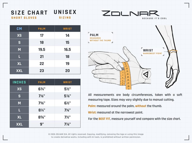 May include: A ZOLNAR unisex short glove size chart featuring a grid layout with measurements in centimetres and inches. It includes a diagram showing how to measure palm circumference without the thumb and wrist circumference at the narrowest point.