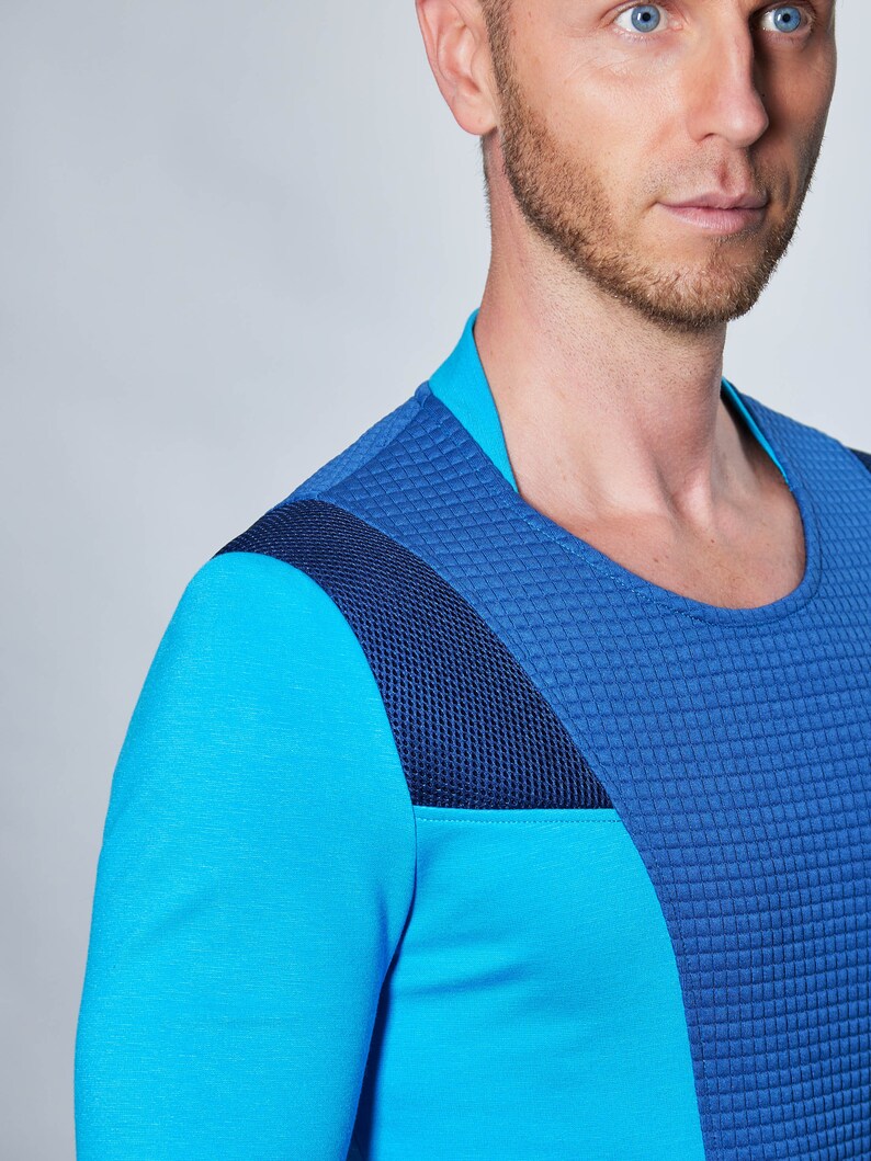 Cyberpunk sweater thumbhole sleeves futuristic clothing blue pullover CC1-7 men image 8