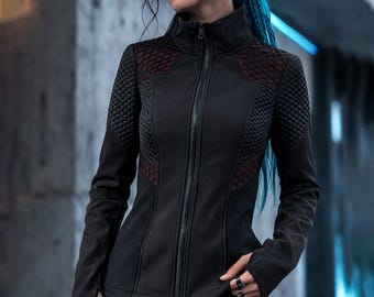 Fitted Techwear Jacket for Women - Softshell Cyberpunk Layer, Mesh Inserts | 388