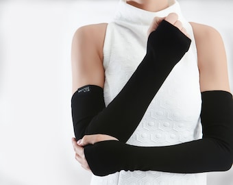 Long fingerless gloves, black arm warmers - FG