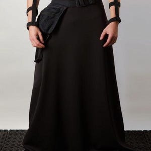 Black SK-L viscose maxi skirt with belt bag, close-up