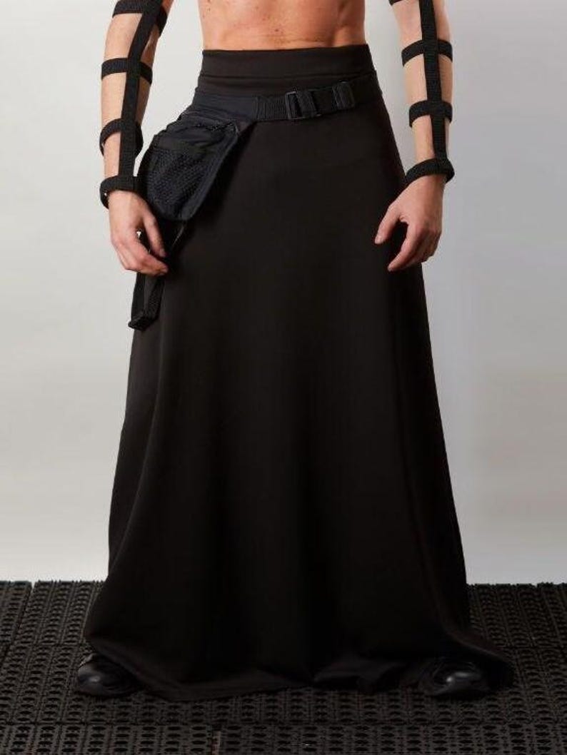Black SK-L viscose maxi skirt with belt bag, close-up