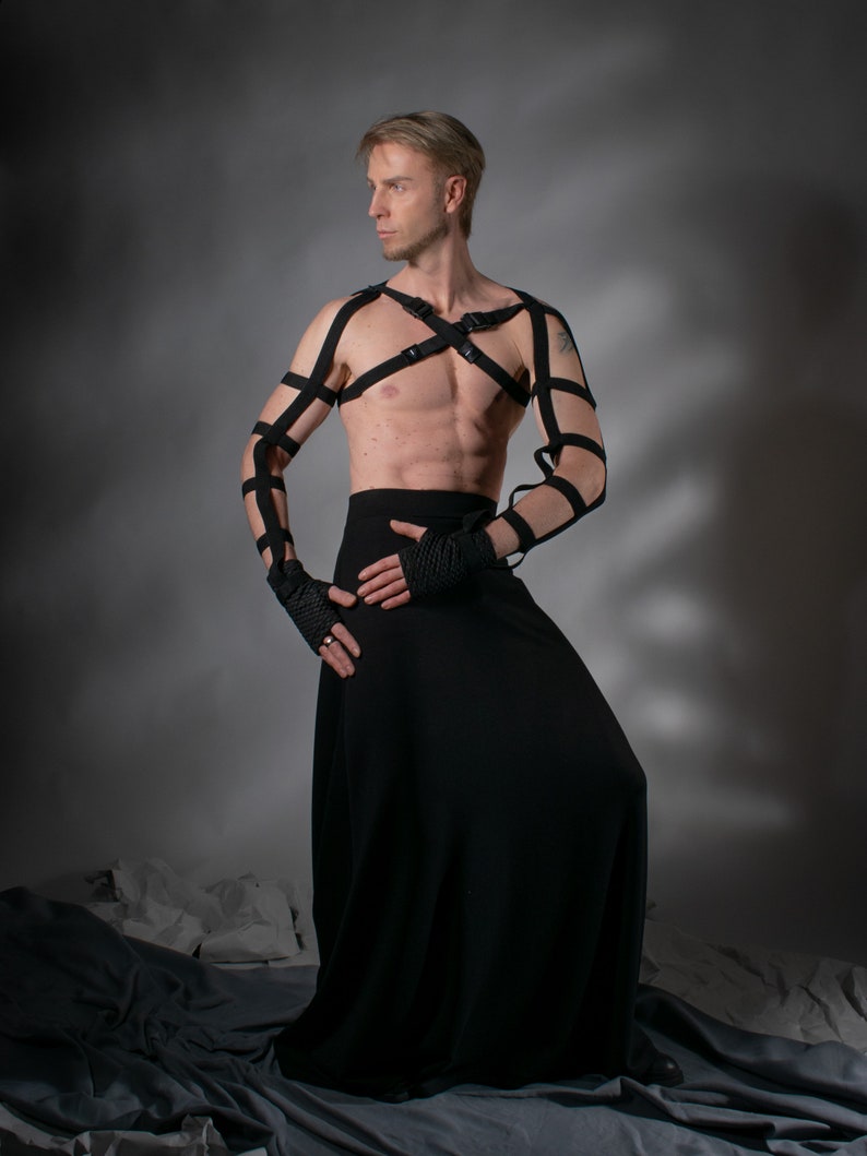 Man in black SK-L high waist skirt with harness, front view – stage wear