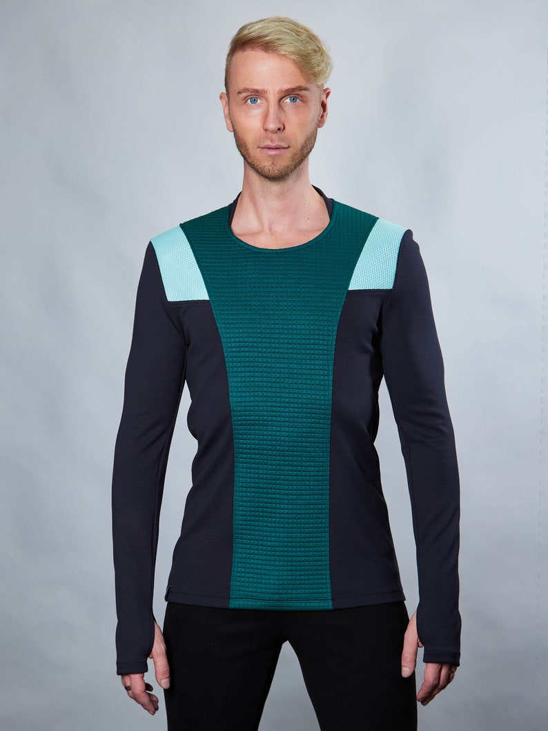 Green cyberpunk sweater thumbhole sleeves cyberpunk clothing emerald green pullover CC1-5 men image 1