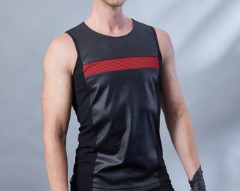 Cyberpunk tank top with red insert, faux leather, cyberpunk clothing sleeveless shirt  - RA2 men