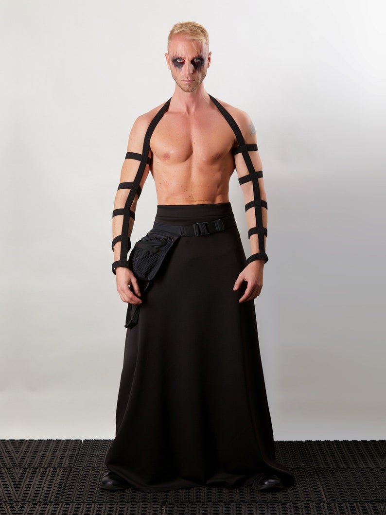 Man in black SK-L high waist skirt with belt bag, front view