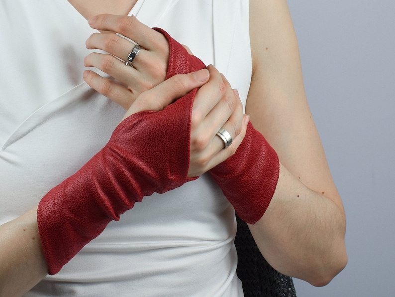 Leather fingerless gloves red arm warmers palm gloves gift Etsy