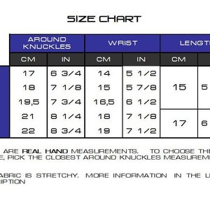May include: Size chart for gloves with measurements in inches and centimeters. The chart shows the size, hand circumference around the knuckles, wrist circumference, and length of the glove. Sizes include XS, S, M, L, and XL.