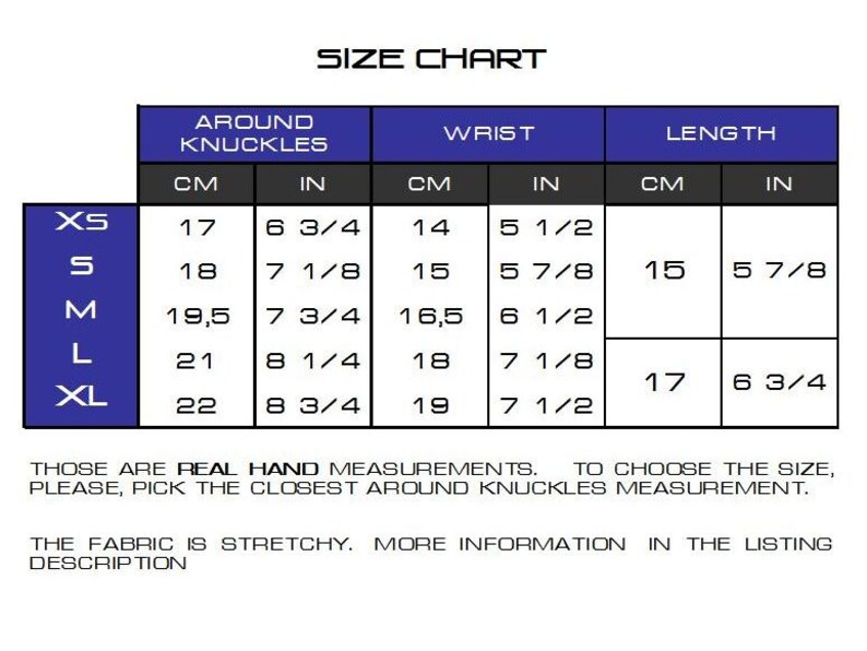 May include: Size chart for gloves with measurements in inches and centimeters. The chart shows the size, hand circumference around the knuckles, wrist circumference, and length of the glove. Sizes include XS, S, M, L, and XL.