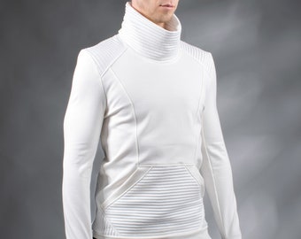 Futuristischer weißer Pullover, Tech-Wear-Kleidung, Pullover mit hohem Kragen – 868-00 Herren