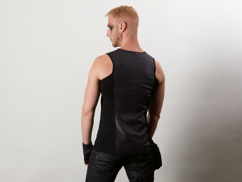Black sleeveless shirt with gray insert RA2-8 Man faux leather shirt