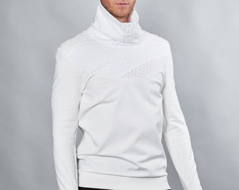 White Futuristic pullover with thumbhole sleeve and high collar, cyberpunk clothing for men, minimalist fashion - PR-00 men