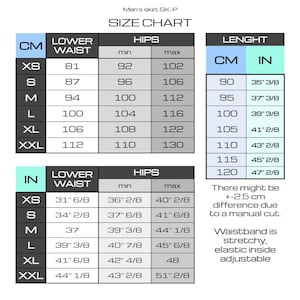 Op de afbeelding: Een maattabel voor een rok met het label SK-P, met tabellen met afmetingen in centimeters en inches voor de lagere taille, heupen en lengte. Het bevat maten XS tot XXL, een marge van 2,5 cm voor handmatig snijden en een verstelbare elastische tailleband.