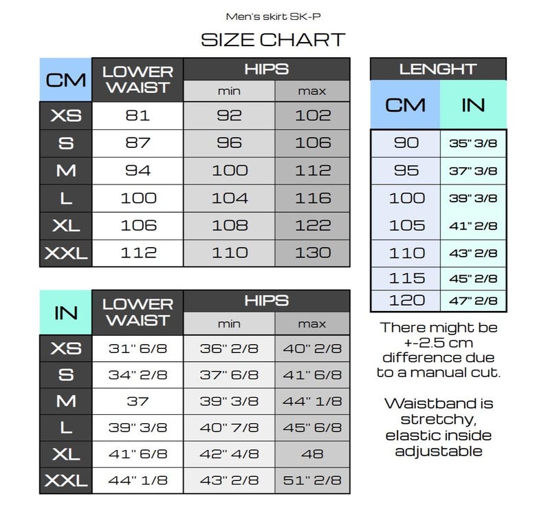 Op de afbeelding: Een maattabel voor een rok met het label SK-P, met tabellen met afmetingen in centimeters en inches voor de lagere taille, heupen en lengte. Het bevat maten XS tot XXL, een marge van 2,5 cm voor handmatig snijden en een verstelbare elastische tailleband.