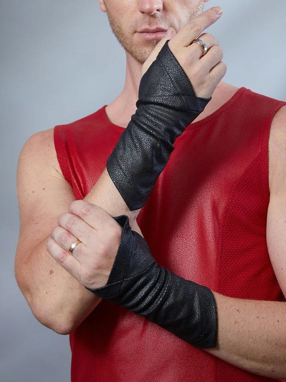 Fingerless steampunk gloves, faux leather Ren Faire ranger arm warmers - X-WRW