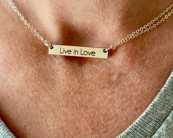 Delicate Wood Gold LIVE IN LOVE Necklace; Unique Inspirational Jewelry; Unique 5th Wedding Anniversary Gift; Rustic Motivational Charm