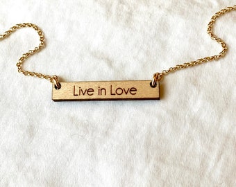 Delicate Wood LIVE IN LOVE Necklace; Unique Inspirational Jewelry; 5th Wedding Anniversary Necklace; Rustic Necklace; Motivational Charm