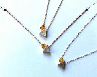 Delicate Citrine & 925 Sterling Silver STEM Necklace; Unique November Birthstone Idea; Micro Sterling Silver Triangle; Gift for Engineer
