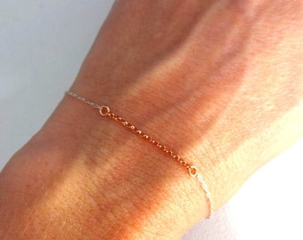 Delicate 14k Rose Gold and 925 Sterling Silver Chain Anklet or Bracelet- Delicate Unique Deconstructed Mixed Metals Ankle Modern Bracelet